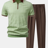 Contrast Trim Textured Zipper Knit Polo & Tapered Trousers Set
