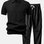 Textured Johnny Collar Crocheted Knit Polo & Linen Pants Set