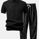 Textured Johnny Collar Crocheted Knit Polo & Linen Pants Set