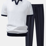 Contrast Textured Johnny Collar Polo & Slim Fit Tapered Trousers Set