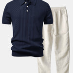 Geometric Jacquard Open Knit Polo & Straight Leg Linen Pants Set