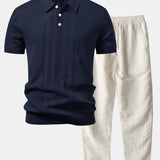 Geometric Jacquard Open Knit Polo & Straight Leg Linen Pants Set