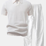Textured Johnny Collar Crocheted Knit Polo & Linen Pants Set