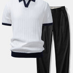 Contrast Textured Johnny Collar Knit Polo & Elastic Waist Trousers Set