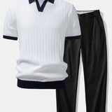 Contrast Textured Johnny Collar Knit Polo & Elastic Waist Trousers Set