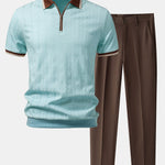 Contrast Trim Textured Zipper Knit Polo & Tapered Trousers Set