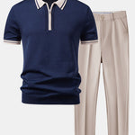 Contrast Trim Zipper Knit Polo & Slim Fit Tapered Trousers Set