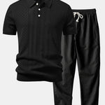 Geometric Jacquard Open Knit Polo & Straight Leg Linen Pants Set
