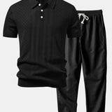 Geometric Jacquard Open Knit Polo & Straight Leg Linen Pants Set