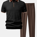 Contrast Trim Textured Zipper Knit Polo & Tapered Trousers Set
