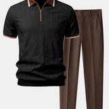Contrast Trim Textured Zipper Knit Polo & Tapered Trousers Set