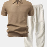 Textured Johnny Collar Crocheted Knit Polo & Linen Pants Set
