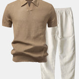 Textured Johnny Collar Crocheted Knit Polo & Linen Pants Set