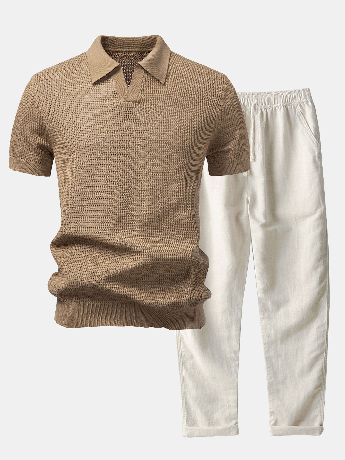 Textured Johnny Collar Crocheted Knit Polo & Linen Pants Set