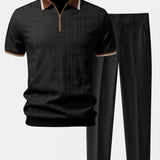 Contrast Trim Textured Zipper Knit Polo & Tapered Trousers Set