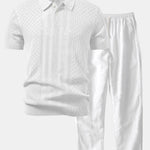Geometric Jacquard Open Knit Polo & Straight Leg Linen Pants Set