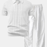 Geometric Jacquard Open Knit Polo & Straight Leg Linen Pants Set