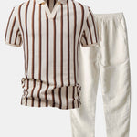 Waffle Stripe Johnny Collar Polo & Straight Leg Linen Pants Set