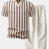 Waffle Stripe Johnny Collar Polo & Straight Leg Linen Pants Set
