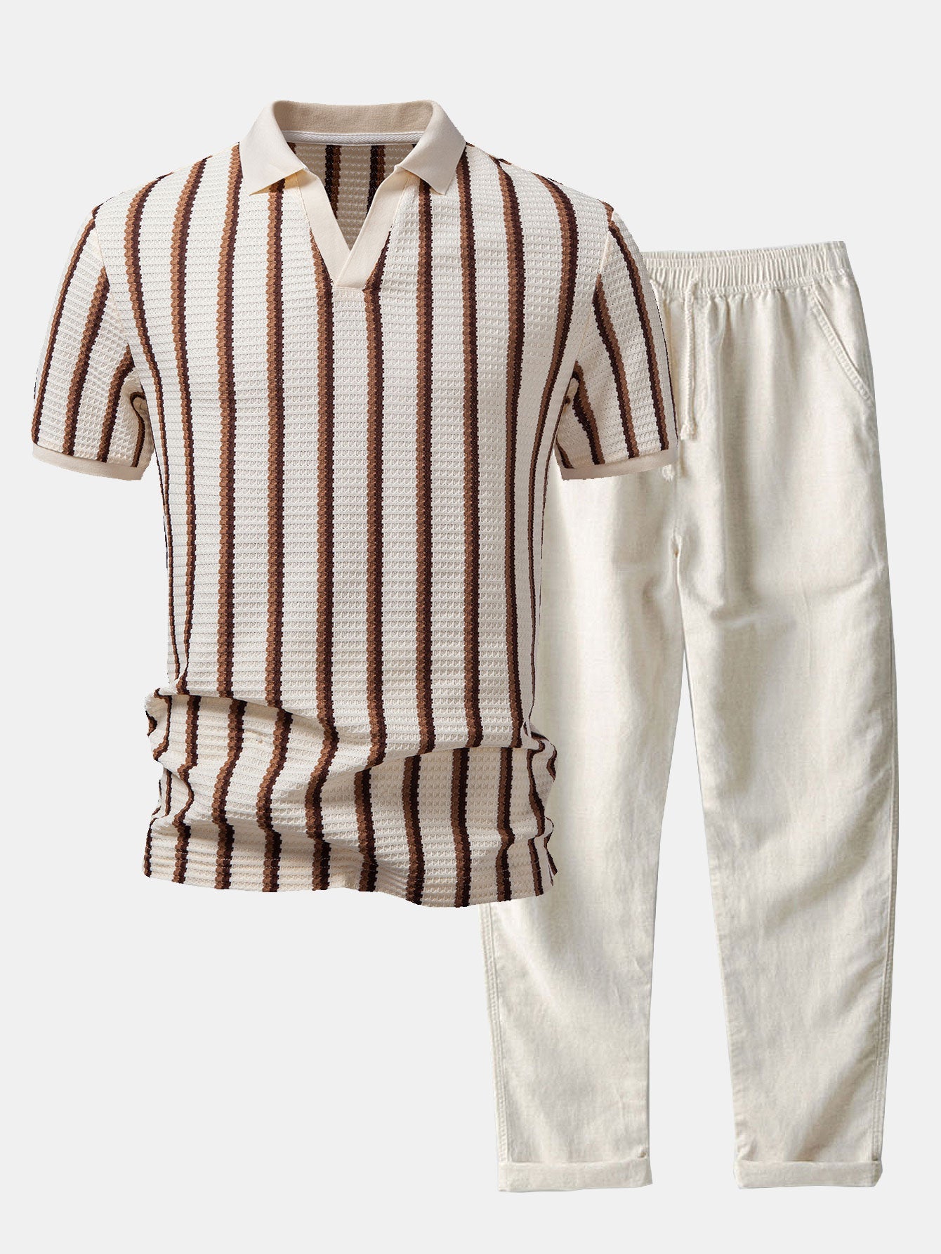 Waffle Stripe Johnny Collar Polo & Straight Leg Linen Pants Set
