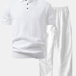 Geometric Jacquard Open Knit Polo & Straight Leg Linen Pants Set