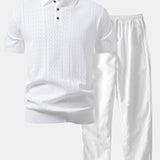 Geometric Jacquard Open Knit Polo & Straight Leg Linen Pants Set