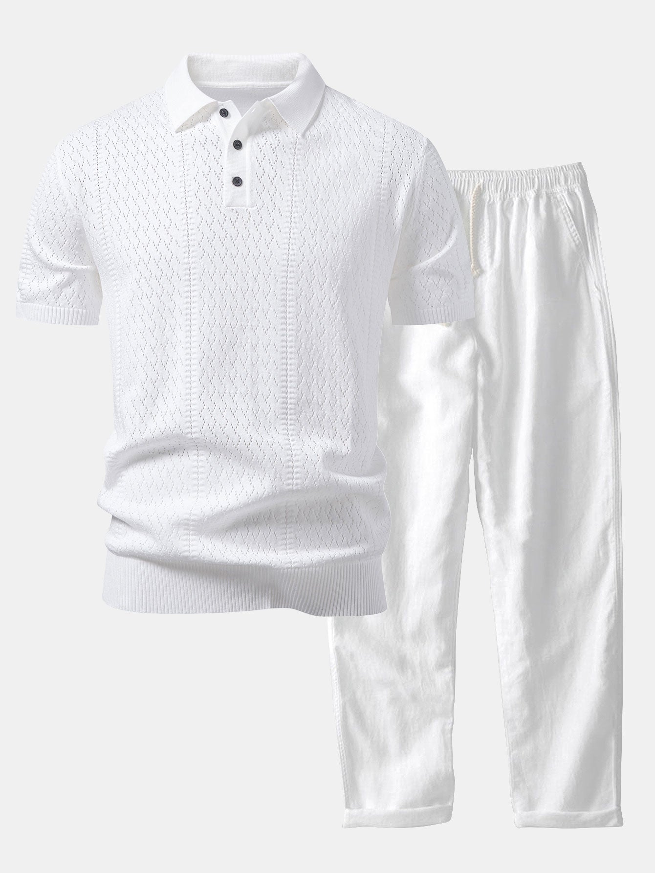 Geometric Jacquard Open Knit Polo & Straight Leg Linen Pants Set