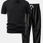 Geometric Jacquard Open Knit Polo & Straight Leg Linen Pants Set