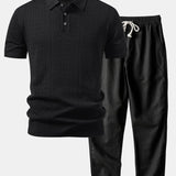 Geometric Jacquard Open Knit Polo & Straight Leg Linen Pants Set