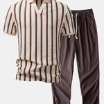 Waffle Stripe Johnny Collar Polo & Straight Leg Linen Pants Set
