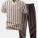 Waffle Stripe Johnny Collar Polo & Straight Leg Linen Pants Set