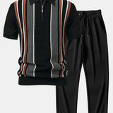 Stripe Knit Zip Up Polo Shirt & Straight Leg Ribbed Pants Set