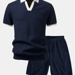 Contrast Knit Waffle Johnny Collar Polo & Drawstring Knitted Waffle Shorts Set