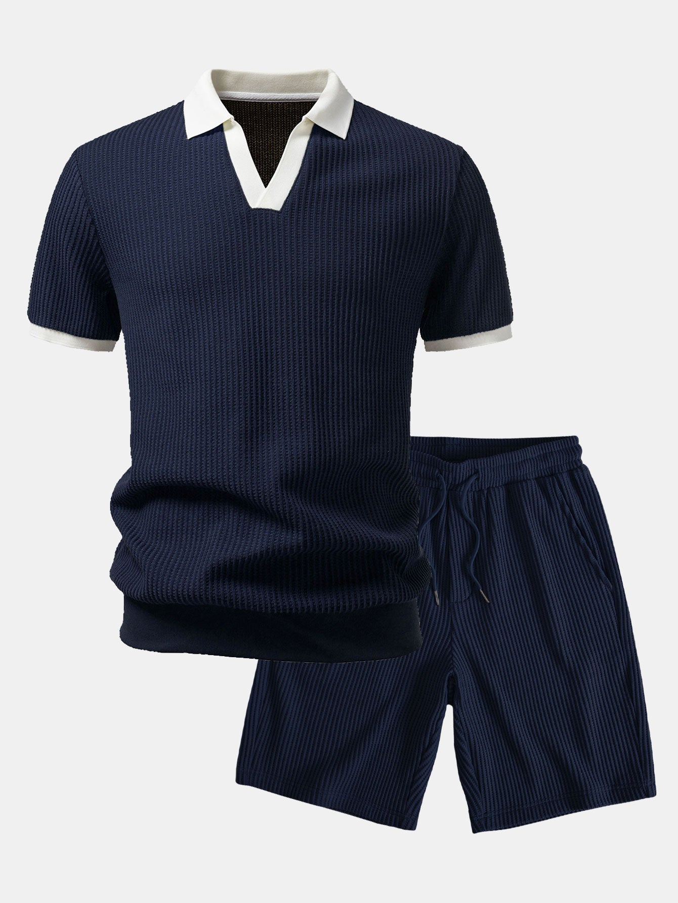 Contrast Knit Waffle Johnny Collar Polo & Drawstring Knitted Waffle Shorts Set