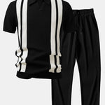 Stripe Johnny Collar Knit Polo & Straight Leg Ribbed Pants Set