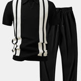 Stripe Johnny Collar Knit Polo & Straight Leg Ribbed Pants Set