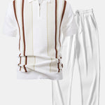 Stripe Knit Zip Up Polo Shirt & Straight Leg Ribbed Pants Set