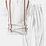 Stripe Knit Zip Up Polo Shirt & Straight Leg Ribbed Pants Set