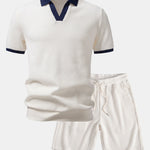Contrast Knit Waffle Johnny Collar Polo & Drawstring Knitted Waffle Shorts Set