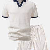 Contrast Knit Waffle Johnny Collar Polo & Drawstring Knitted Waffle Shorts Set