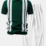 Stripe Johnny Collar Knit Polo & Straight Leg Ribbed Pants Set