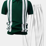 Stripe Johnny Collar Knit Polo & Straight Leg Ribbed Pants Set
