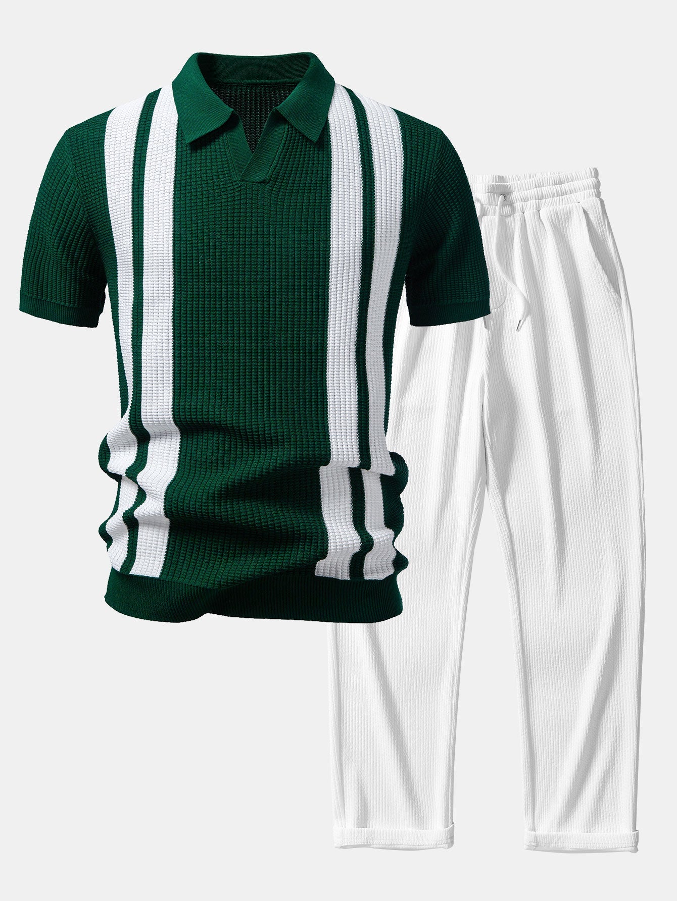 Stripe Johnny Collar Knit Polo & Straight Leg Ribbed Pants Set