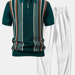 Stripe Knit Zip Up Polo Shirt & Straight Leg Ribbed Pants Set