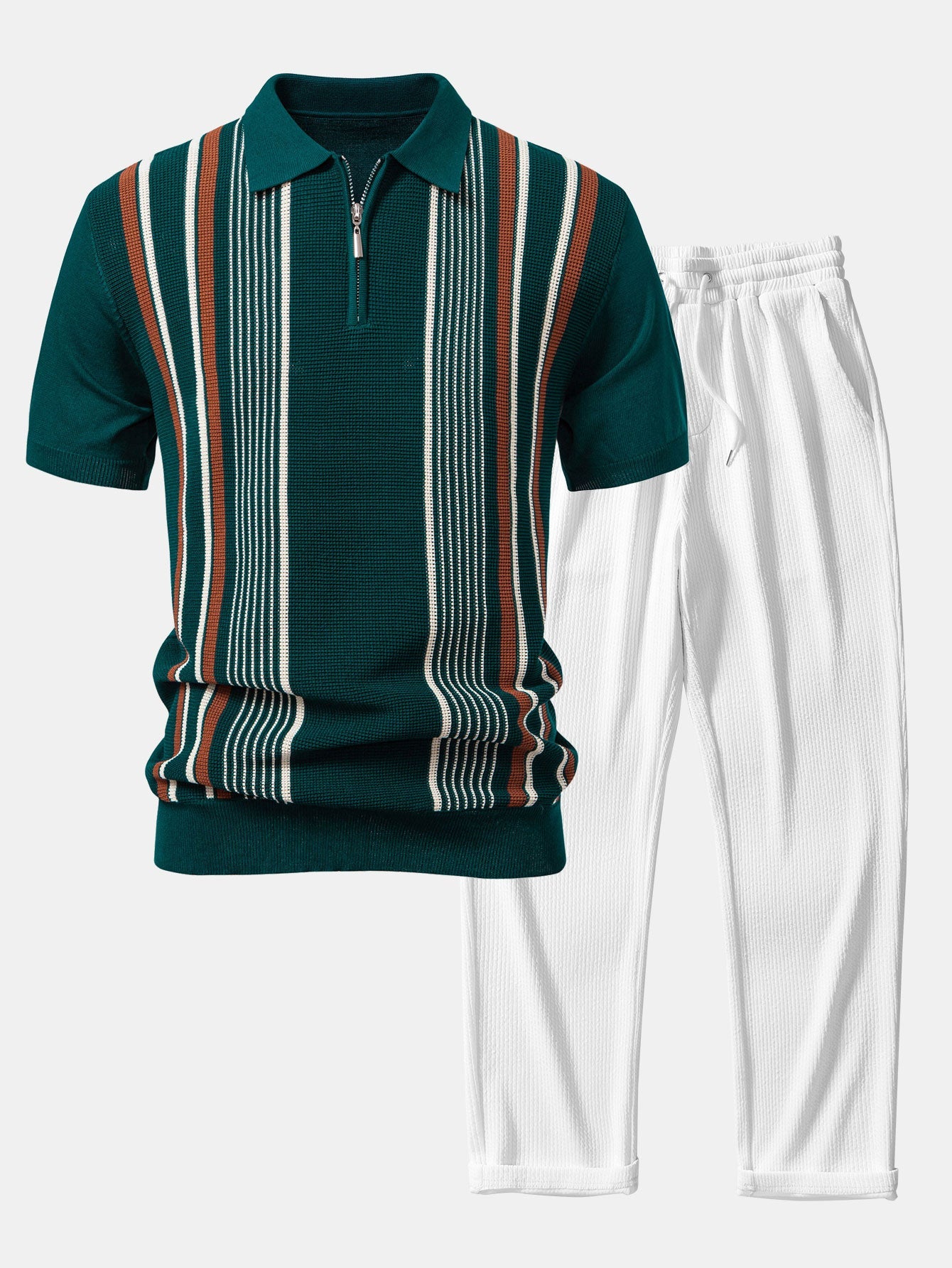 Stripe Knit Zip Up Polo Shirt & Straight Leg Ribbed Pants Set