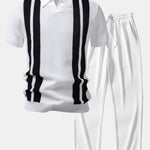 Stripe Johnny Collar Knit Polo & Straight Leg Ribbed Pants Set