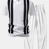 Stripe Johnny Collar Knit Polo & Straight Leg Ribbed Pants Set