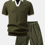 Contrast Knit Waffle Johnny Collar Polo & Drawstring Knitted Waffle Shorts Set