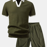 Contrast Knit Waffle Johnny Collar Polo & Drawstring Knitted Waffle Shorts Set