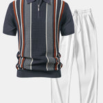 Stripe Knit Zip Up Polo Shirt & Straight Leg Ribbed Pants Set